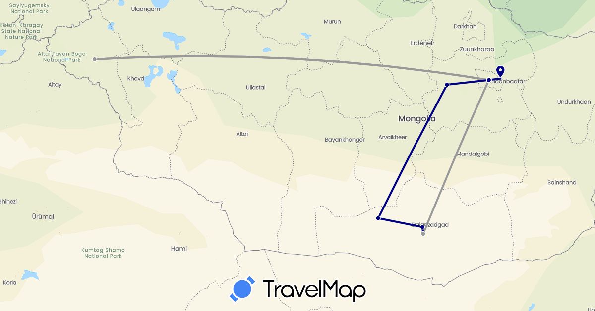 TravelMap itinerary: driving, plane in Mongolia (Asia)